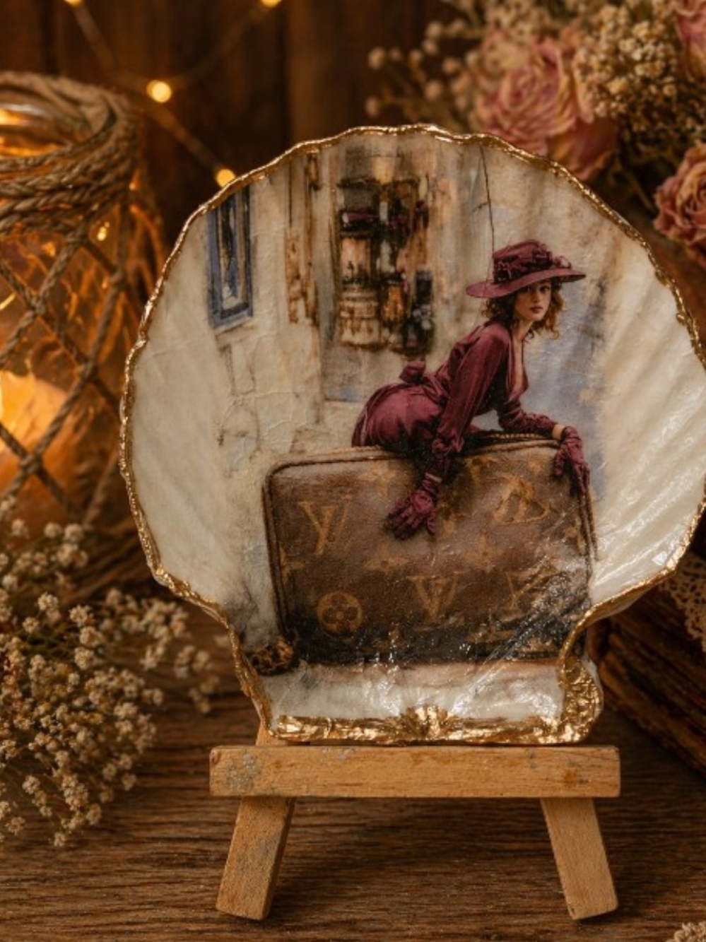 Decapoge Shell with Vintage Woman Illustration - Plum and Gold